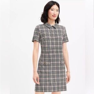 LOFT Plaid Ponte Button Pocket Dress Mod Collar Classic Retro-Large Petite-NWT